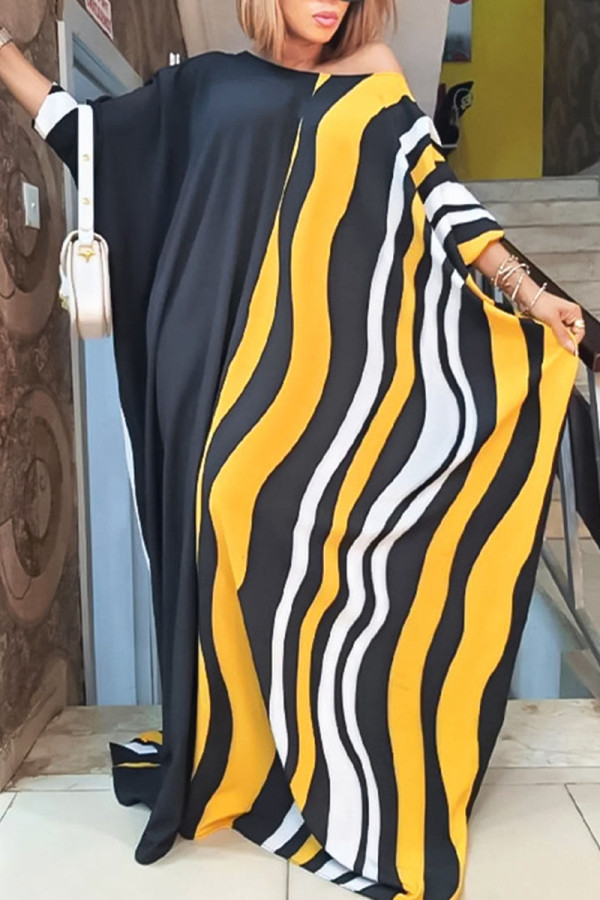 Zwart Geel Casual Print Patchwork V-hals Lange jurk Grote maten jurken