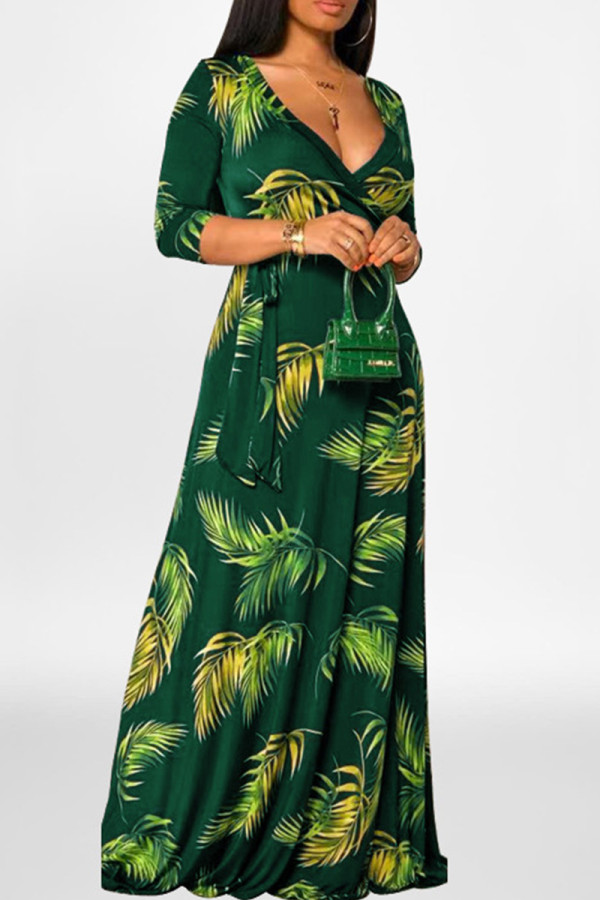 Robe longue à col en V et patchwork imprimé décontracté vert
