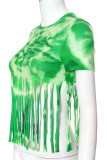 Зеленые сексуальные топы с круглым вырезом и кисточками в стиле пэчворк с принтом
