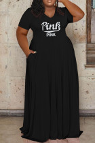 Zwarte mode casual plus size letter print patchwork v-hals jurk met korte mouwen