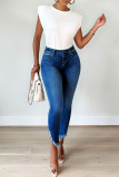 Jeans skinny in denim a vita alta casual con patchwork solido blu intenso