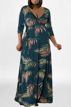 Marineblauwe mode casual plus size print patchwork v-hals lange jurk