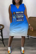 Blau Mode Casual Print Patchwork V-Ausschnitt ärmelloses Kleid in Übergröße