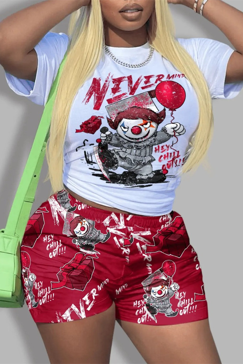 

Red Fashion Casual Print Basic O Neck Short Sleeve Two Pieces