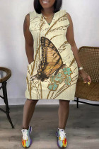 Абрикосовое модное повседневное платье с принтом в стиле пэчворк и V-образным вырезом без рукавов размера плюс