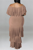 Абрикосовое модное повседневное платье больших размеров в стиле пэчворк с круглым вырезом и коротким рукавом