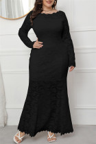 Черные модные сексуальные однотонные лоскутные прозрачные платья больших размеров с круглым вырезом и длинными рукавами