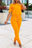 Oranje Mode Toevallig Effen Patchwork O-hals Korte mouw Tweedelige stukken