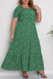 Vestido de manga corta con cuello en O de patchwork con estampado informal de talla grande verde