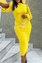 Желтые модные повседневные сплошные выдолбленные лоскутные платья с длинным рукавом на половину воротника