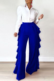 Azul Moda Casual Sólido Volante Recto Cintura alta Pantalones rectos de color sólido
