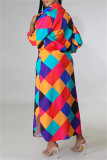 ローズレッドファッションカジュアルプリントパッチワークターンダウンカラーシャツドレス