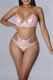 Розовый модный сексуальный однотонный лоскутный прозрачный купальник из трех предметов (без набивки)