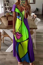 グリーンファッションカジュアルプリントパッチワークVネック半袖ドレスドレス