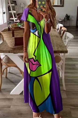 グリーンファッションカジュアルプリントパッチワークVネック半袖ドレスドレス