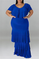 ブルーファッションカジュアルプラスサイズソリッドパッチワークOネック半袖ドレス
