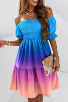 Blauw roze mode zoete print patchwork vouw off-shoulder A-lijn jurken