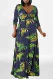 Grüne Mode Casual Plus Size Print Patchwork V-Ausschnitt langes Kleid