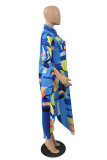 Blauwe mode casual print patchwork overhemdjurk met kraag en kraag