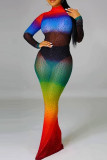 Цветные модные пикантные платья с принтом в стиле пэчворк с постепенным изменением, прозрачные платья с высоким вырезом и длинными рукавами