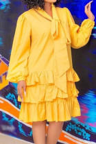 Vestidos casuais amarelos moda casual patchwork meia manga longa gola alta