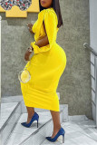 Желтые модные повседневные сплошные выдолбленные лоскутные платья с длинным рукавом на половину воротника