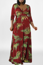 Vinröd Mode Casual Plus Size Print Patchwork V-ringad lång klänning