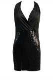 ブラックファッションセクシーなソリッドスパンコールパッチワーク背中の開いたホルターノースリーブドレス