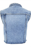 Giacca di jeans regolare senza maniche con scollo a o collo con cardigan leopardato casual alla moda azzurra