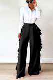 Calças pretas moda casual folhos lisos retos cintura alta retas cor sólida