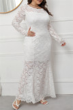 Witte mode sexy effen patchwork doorschijnende O-hals lange mouwen plus size jurken