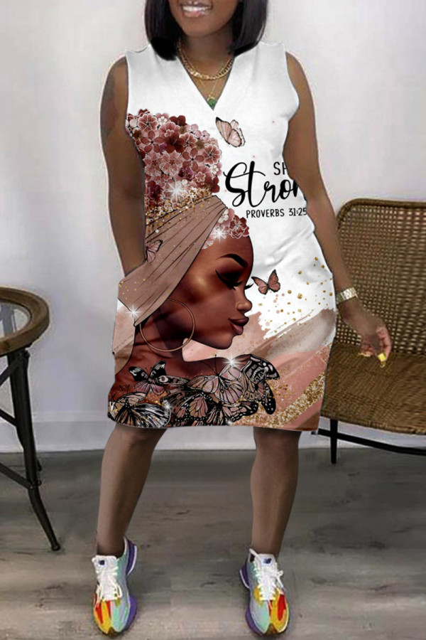 Weiß Rosa Mode Casual Print Patchwork V-Ausschnitt ärmelloses Kleid in Übergröße