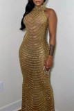 Gold Fashion Sexy Patchwork Perfuração a Quente com Fenda Transparente Metade de um Vestido de Noite de Gola Alta