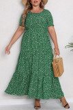 Groene mode casual plus size print patchwork O-hals jurk met korte mouwen