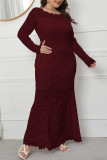 Пурпурно-красные модные сексуальные однотонные лоскутные прозрачные платья с круглым вырезом и длинными рукавами больших размеров