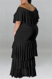 Vestido preto fashion casual plus size sólido patchwork com gola redonda manga curta