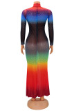 Vestidos de manga larga de cuello alto de taladro en caliente transparentes de retazos de cambio Gradual Sexy de moda de color