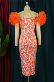 オレンジ色のファッションセクシーなプラスサイズのプリントパッチワークオフショルダーイブニングドレス