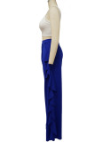 Calças de baixo de cor sólida azul moda casual folhos retos cintura alta retas