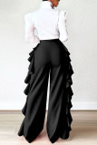 Calças pretas moda casual folhos lisos retos cintura alta retas cor sólida