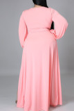 Rosa elegante sólido patchwork frênulo abertura alta decote em V manga longa vestidos tamanho grande