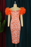 オレンジ色のファッションセクシーなプラスサイズのプリントパッチワークオフショルダーイブニングドレス