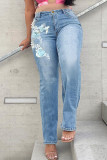 ミディアムブルーファッションカジュアルプリントパッチワークプラスサイズジーンズ