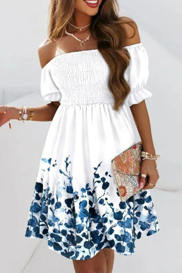 Witte mode zoete print patchwork vouw off-shoulder A-lijn jurken