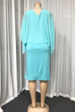 スカイブルーファッションカジュアルパッチワークバックレスVネックプラスサイズのドレス