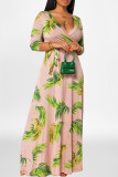 Зеленое модное повседневное длинное платье с принтом в стиле пэчворк и V-образным вырезом