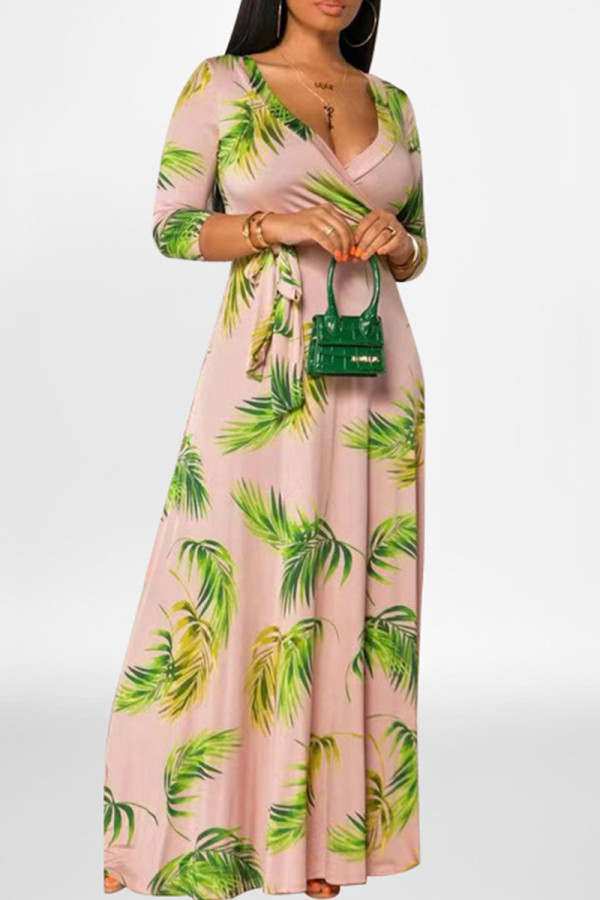 Rosa Mode Casual Print Patchwork V-Ausschnitt langes Kleid