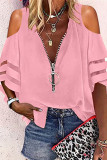 Tops de cuello en V con cremallera de patchwork sólido casual de moda rosa