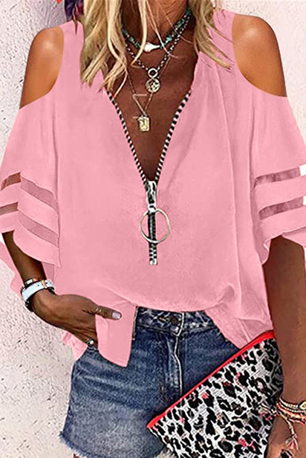 Tops rosa moda casual patchwork sólido com zíper decote em V