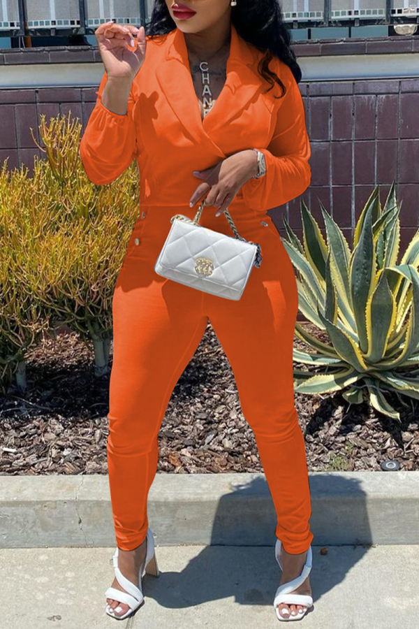 Модные оранжевые однотонные однотонные комбинезоны с отложным воротником в стиле пэчворк